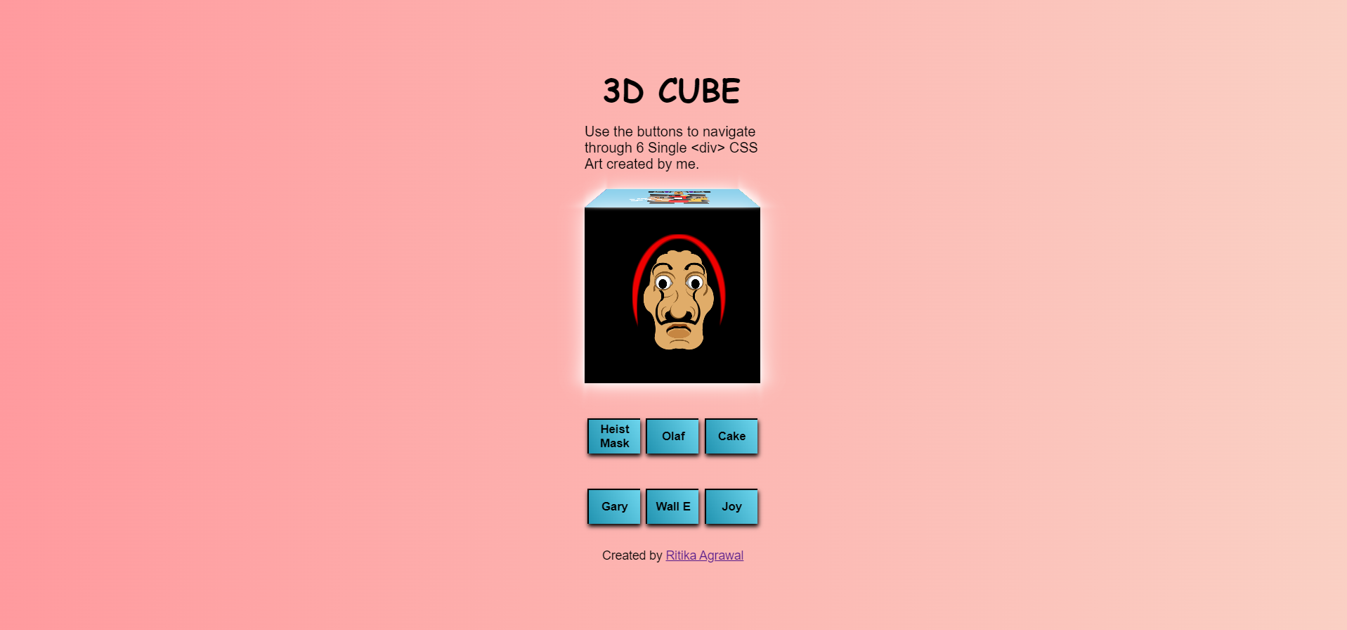 a 3d cube with a single div css art on each face