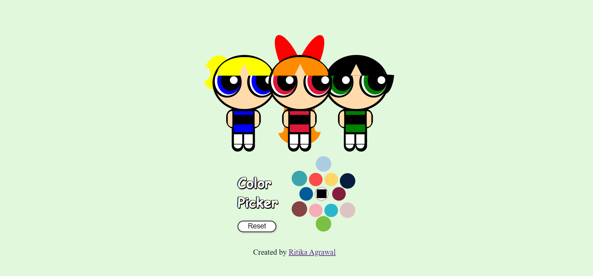 a color picker to color famous cartoon trio of powerpuff girls